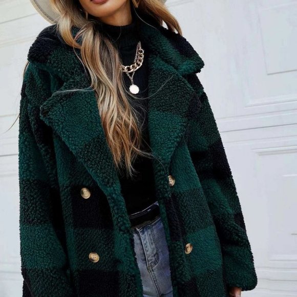 Black And Green checkered Preppy Womens faux fur Teddy Coat - Picture 2 of 4